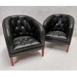 Pair of leather deep buttoned tub chairs {69 cm H x 69 cm W x 72 cm D}.