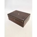19th C. rosewood jewellery box with mother of pearl inlay {10 cm H x 28 cm W x 20 cm D}.