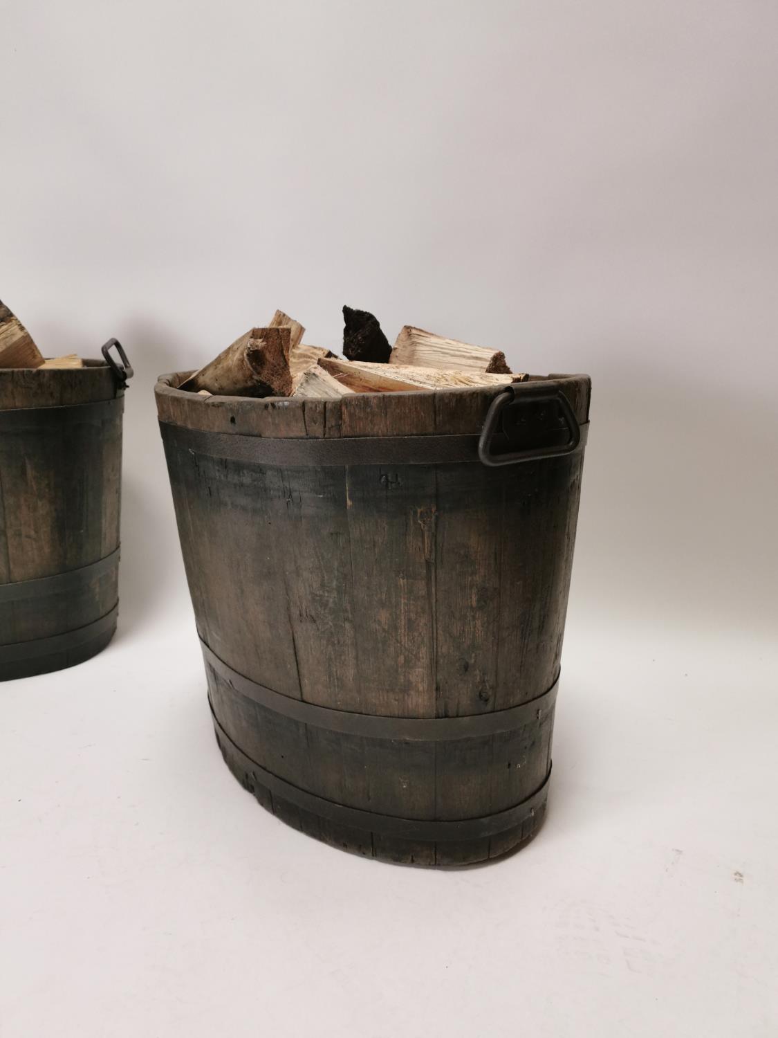 Pair of 19th C. oak metal bound log buckets {49 cm H x 62 cm W x 43 cm D}. - Image 2 of 4