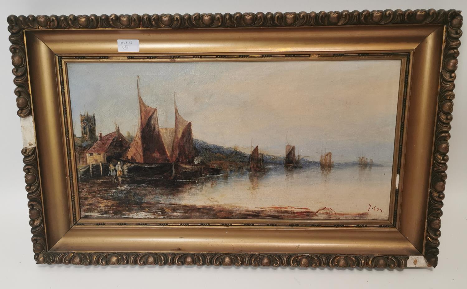 19th. C. oil on canvas River Scene by J Cox.