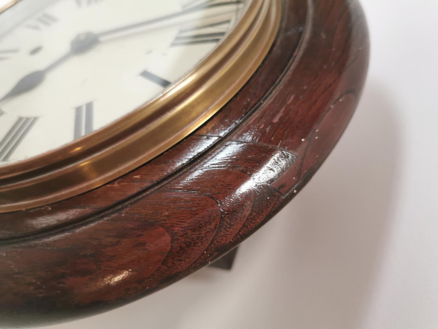 19th C. oak station clock with painted dial {29 cm Dia. x 14 cm D}. - Image 2 of 4