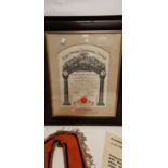 Framed Royal Orange Lodge of Ireland Certificate presented to Brother Walter Hewitt and a sash aand