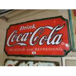 Drink Coca Cola - Delicious and Refreshing enamel advertising sign {46 cm H x 85 cm W}.