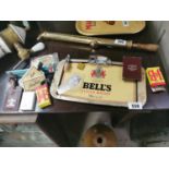 Bell's Old Scotch Whisky advertising drinks' tray, Tennent's lager shelf sign and misc. lot of keys.