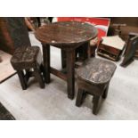 Early 20th C. painted pine bar table with three matching stools.