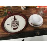 Two Mc Kibbin's Rum drinks' trays and glass ashtray.