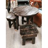 Early 20th C. painted pine bar table with two matching stools.