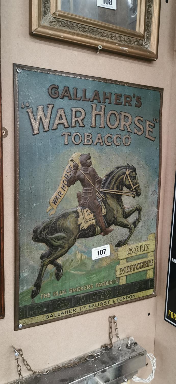 Rare early 20th C. tin plate embossed Gallaher's War Horse advertising sign.