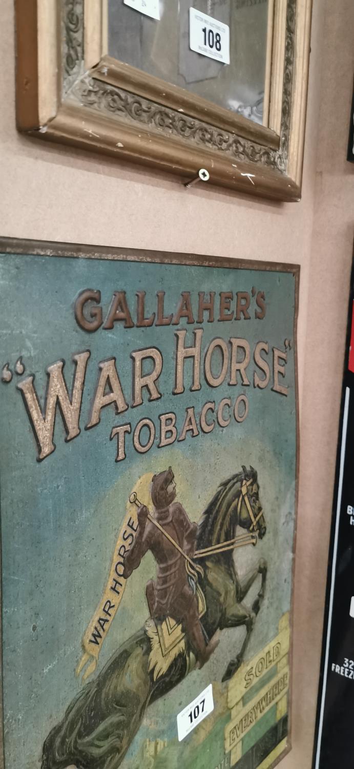 Rare early 20th C. tin plate embossed Gallaher's War Horse advertising sign. - Image 5 of 5