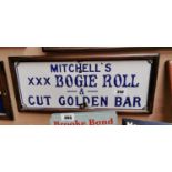 Mitchell's Bogie Roll - Cut Golden Bar tobacco enamel advertising sign.