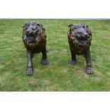 Pair of bronze models of roaring lions.