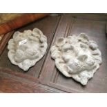 Pair of 18th. C. lead lions head garden wall masks.