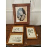 Framed black and white 19th. C. print of a young Girl amd Horses.