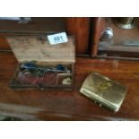 Gold scales in original box and brass cigarette case.