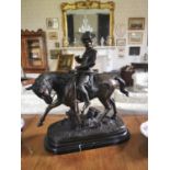Bronze figural group of horse and huntsman