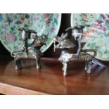 Pair of brass Chinese candlesticks in the form of Dogs Of Fue. { 9cm H X 4cm W X 8cm D }.