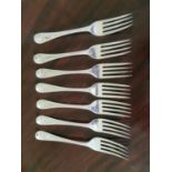 Set of seven English silver forks 465 grams.