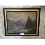 Woodland and Mountain Scene framed oil on canvas .