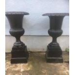 Pair of cast iron garden urns on stands.