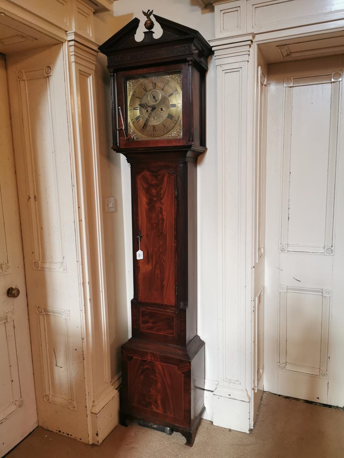 Irish Georgian inlaid mahogany long cased clock