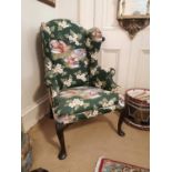 Queen Anne upholstered mahogany wing backed armchair