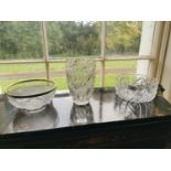 Two cut glass fruit bowls and flower vase.