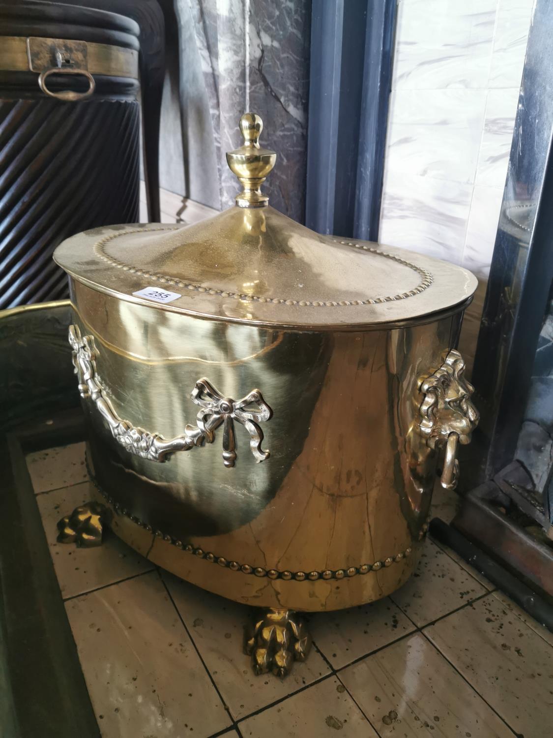 19th C. oval brass log bucket