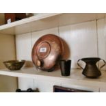 Brass noggin, two bowls and copper bed warmer.