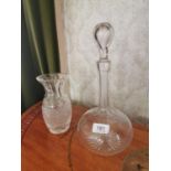 19th C. cut glass decanter and flower vase.