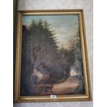 19th C. oil on canvas Blacksmith by the Forest Walk.