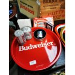 Two Budweiser tinplate advertising tray and other memorabilia