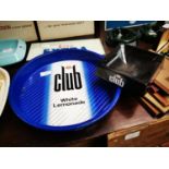 Two C&C White Club Lemonade tinplate advertising tray {33 cm Dia.} and C&C Club Perspex ashtray.