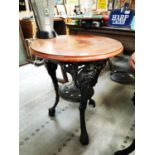 Cast iron and mahogany pub table.