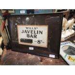 Will's Javelin Bar advertising showcard.