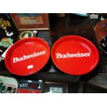 Two Budweiser tin plate advertising drinks trays {33 cm Dia.}.