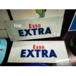 Two ESSO Extra glass advertising signs {13 cm H x 31 cm W}.