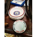 Two ceramic advertising ashtrays.