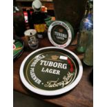 Tuborg tinplate drink's tray, ashtray and beer can.