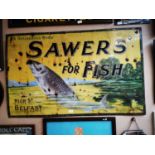 Rare Sawyer's For Fish enamel advertising sign.