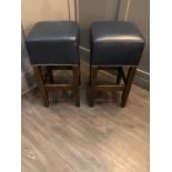 Pair of tall bar stools with navy leather upholstery W 36cm H 74cm