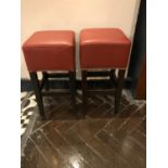 Pair of square stools with brown leather upholstery W 36cm H 72cm
