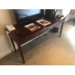 Mahogany bow fronted side table containing 3 drawers W 150cm H 75cm D 56cm