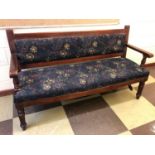 Pair of upholstered restaurant benches hardwood frames and floral upholstery W 165cm H 90cm D 60cm