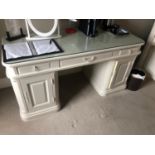 Painted twin pedestal desk with glass top W 180cm H 80cm D 60cm
