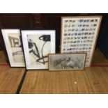 Pair of framed abstracts & 2 prints of bird interest