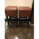 Pair of square stools with mottled brown leather upholstery W 36cm H 72cm