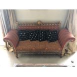 Wide armed carved wood settee with Regency style fabric W 200cm