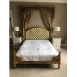Spectacular carved wood and gilt bed complete with canopy curtains and King Koil mattress W 185cm