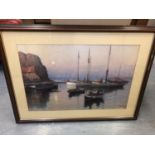 Framed coloured print boating scene W 98cm H 72cm