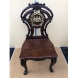 Mahogany hall chair, with parcel gilt, embellishment of coat of arms W 56cm H 110cm D 50cm